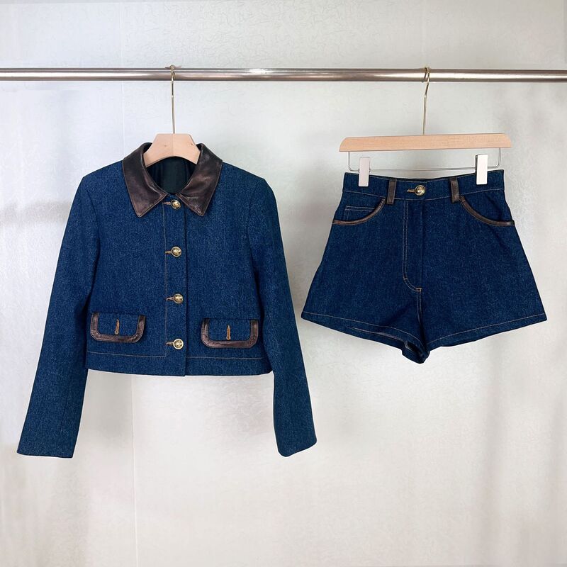 Autumn New Fashion Design Western Style Leather Stitching Metal Buckle Loose Denim Jacket Shorts Women's Lel suit Autumn New Fashion Design Western Style Leather Stitching Metal Buckle Loose Denim Jacket Shorts Women's Lel suit