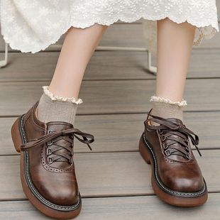 Round Toe Small Leather Shoes Women's 2023 New British Style Single-Layer Shoes Japanese Style Retro Brown Genuine Leather Shoes