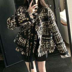 Xiaoxiangfeng 編まれた毛皮のタッセルウールショートコート女性の秋の厚いツイードカーディガン
