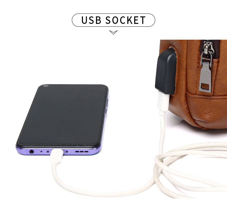 Túi đeo chéo nam da bò thật cổ điển kiểu Âu Mỹ, có cổng sạc USB — Màu đen, Màu nâu vàng chi tiết 9