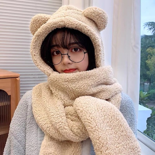 Cute Bear Hat Fleece Scarf for Women - Winter Set of 3 (Includes Cap, Gloves, and Ear Hood) for Warmth