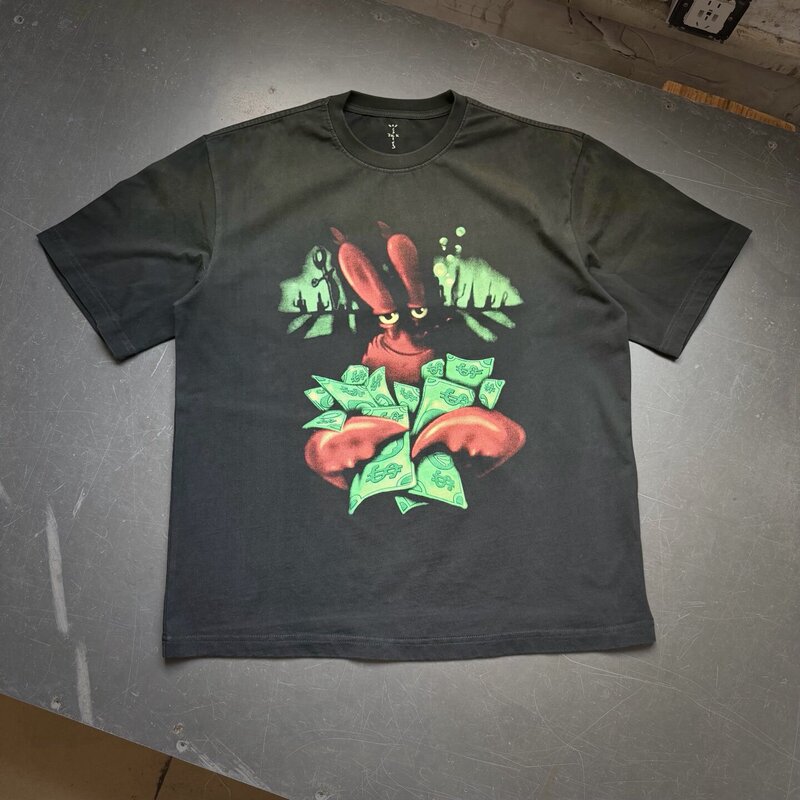 Travis Scott Spongebob Squarepants Collaboration with Mr. Krabs Vintage Short-Sleeve T-Shirt for Men and Women Trendy Travis Scott Spongebob Squarepants Collaboration with Mr. Krabs Vintage Short-Sleeve T-Shirt for Men and Women Trendy