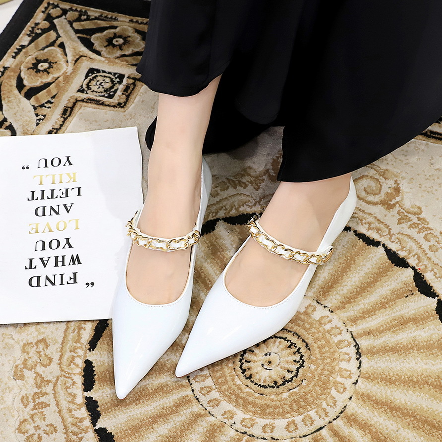 High heels women's shoes slim heels patent leather shallow mouth pointed metal chain line with single shoes_voghion.com
