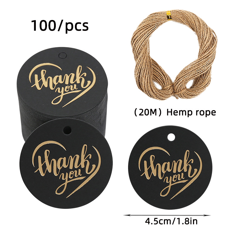 亚马逊感谢卡片套装100张+20米麻绳伴手礼圆形烫金吊牌礼品挂牌