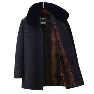 爸爸冬装毛呢大衣中老年人男装中长款棉服冬季加绒加厚雪尼尔棉衣