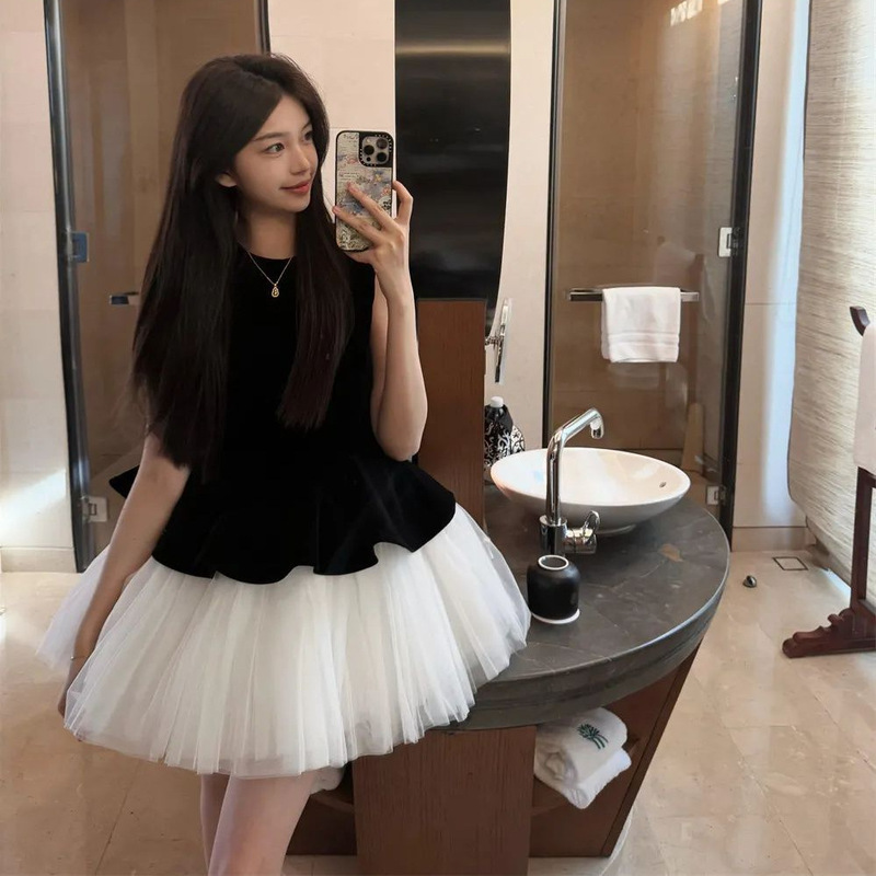 Sweet Ballet Style Skirt Velvet Stitching Puffy Princess Dress Women's Summer Tight Waist Slimming Sleeveless Vest dress