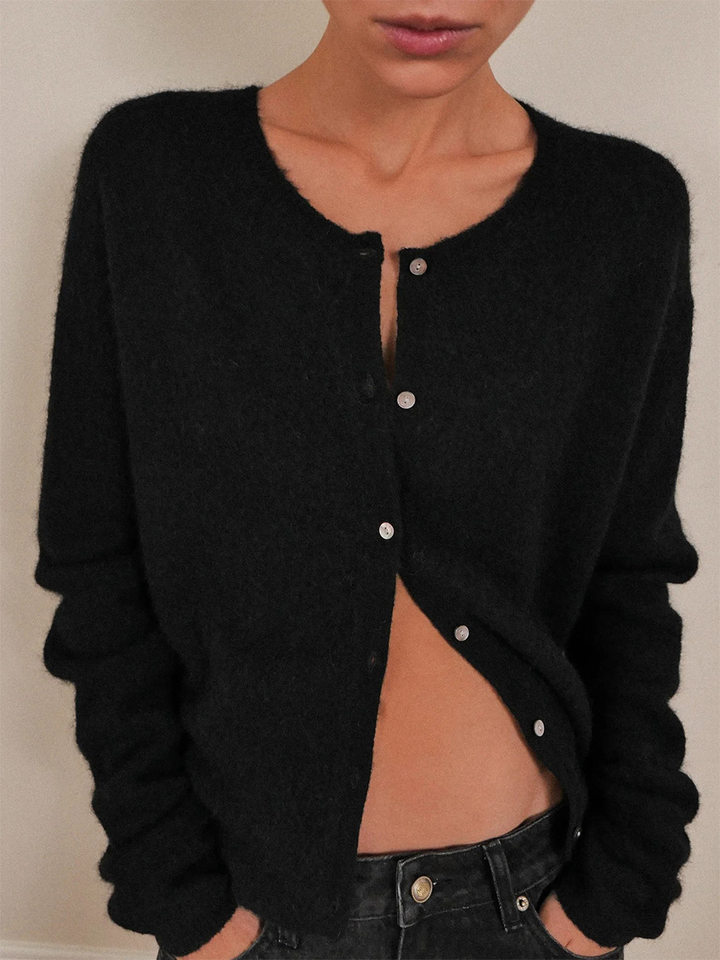 Áo cardigan len nữ cổ tròn dáng rộng cài khuy một hàng, dài tay, phong cách thanh lịch — Màu trắng, Xanh bạc hà, màu xám chi tiết 28
