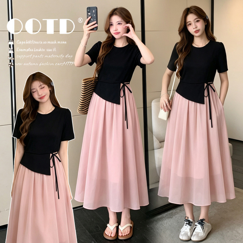 2026 New Summer Fashion Style Elegant Side-Tie Irregular Color-Blocking Faux Two-Piece Maternity Dress