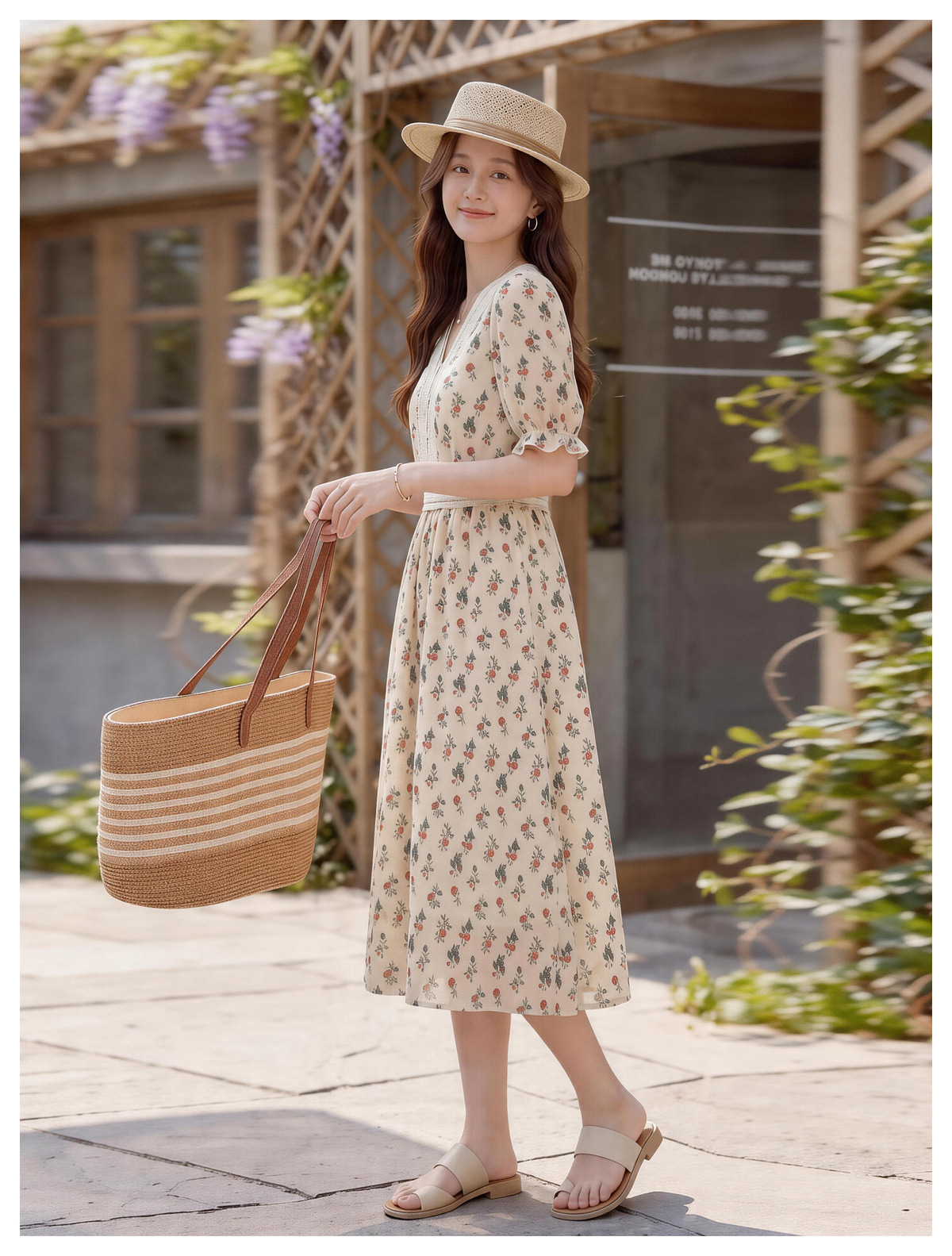 Đầm maxi nữ thắt eo tay ngắn cổ V in họa tiết dáng dài — màu be, màu trắng chi tiết 14