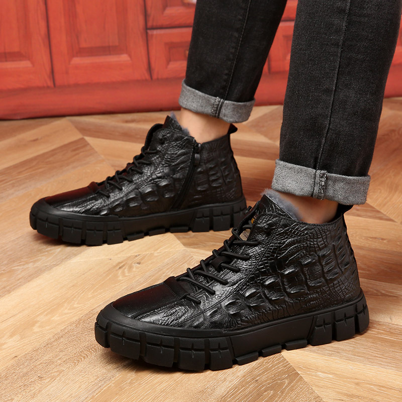 Primera capa de piel de vaca invierno nuevos hombres zapatos de algodón de lana forrada de lana caliente en relieve moda de cuero genuino zapatos de hombre en vivo