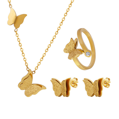 Beautiful and versatile Internet celebrity same style smart frosted butterfly pendant necklace earrings ring jewelry set manufacturer wholesale
