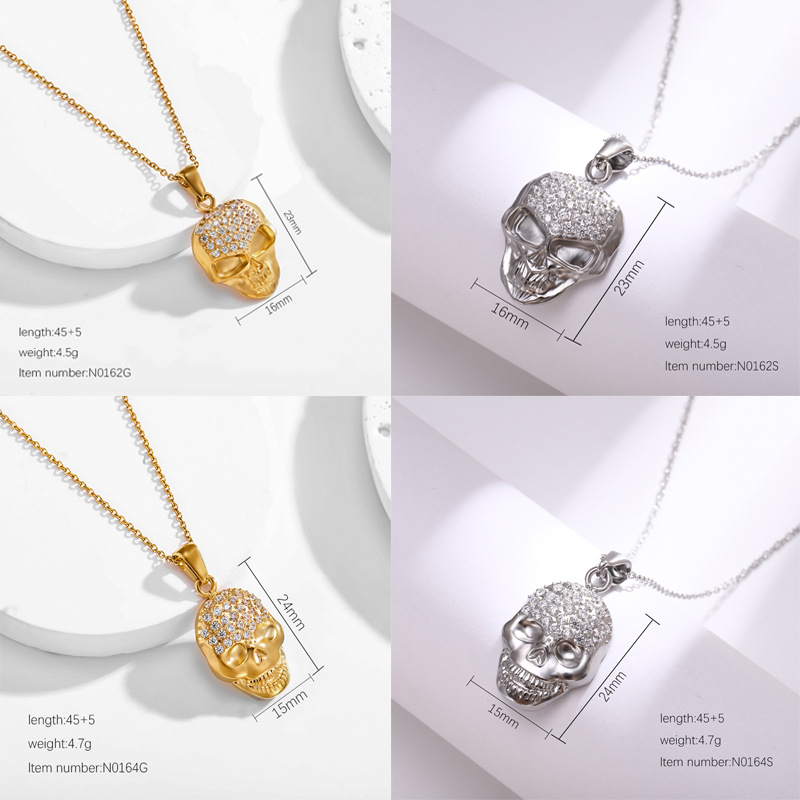 Titanium Steel Material Halloween Festival Wholesale Jewelry Funny Cool Style Skull Titanium Steel Zircon 18K Gold Plated Inlay Pendant Necklace