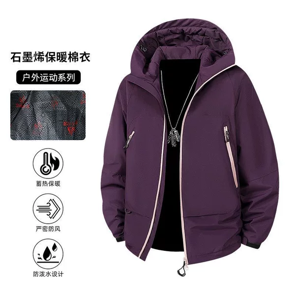 Outdoor windproof and warm cotton jacket, unisex design, featuring graphene for heat retention, suitable for autumn and winter, and available in trendy dopamine color schemes