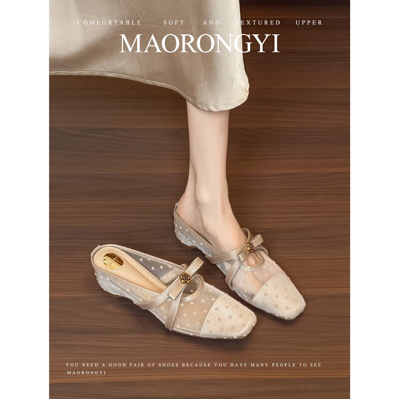 Sheepskin Style~5Cm Height-Increasing New Square-Toe Mesh Sandals for Women with Bowknot, Comfortable Closed-Toe Slippers