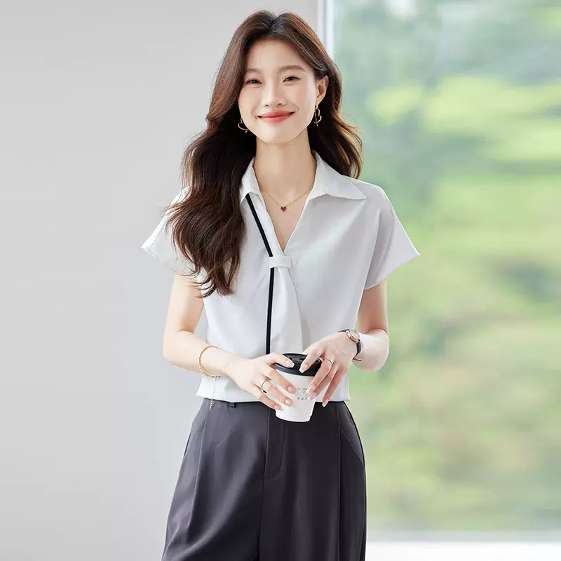 白色短袖衬衫女夏季职业装面试正装衬衣小个子设计感飘带雪纺上衣