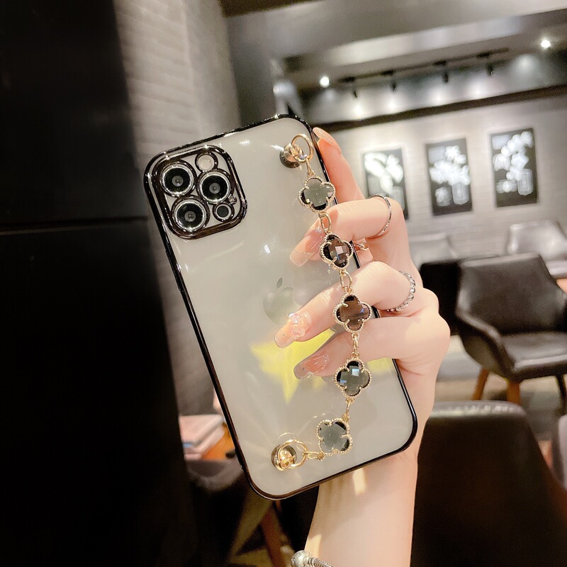Four-Leaf Clover Gemstone Bracelet Suitable for Iphone17/16Pro Max Mobile Phone Case Apple 15 Electroplating 14 Protective Cover