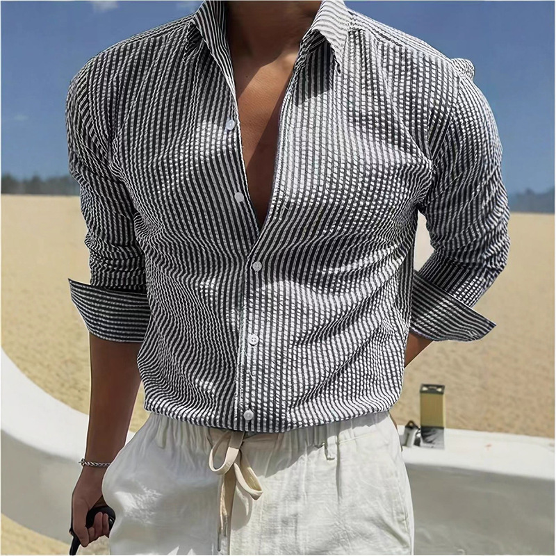 2025 Cross-Border Amazon Wish Ebay Fashionable Lapel Men's Top Striped Casual Long Sleeve Shirt