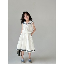 夏季韩版女童海军风套装亲子2024中大童洋气无袖衬衫+半裙两直销