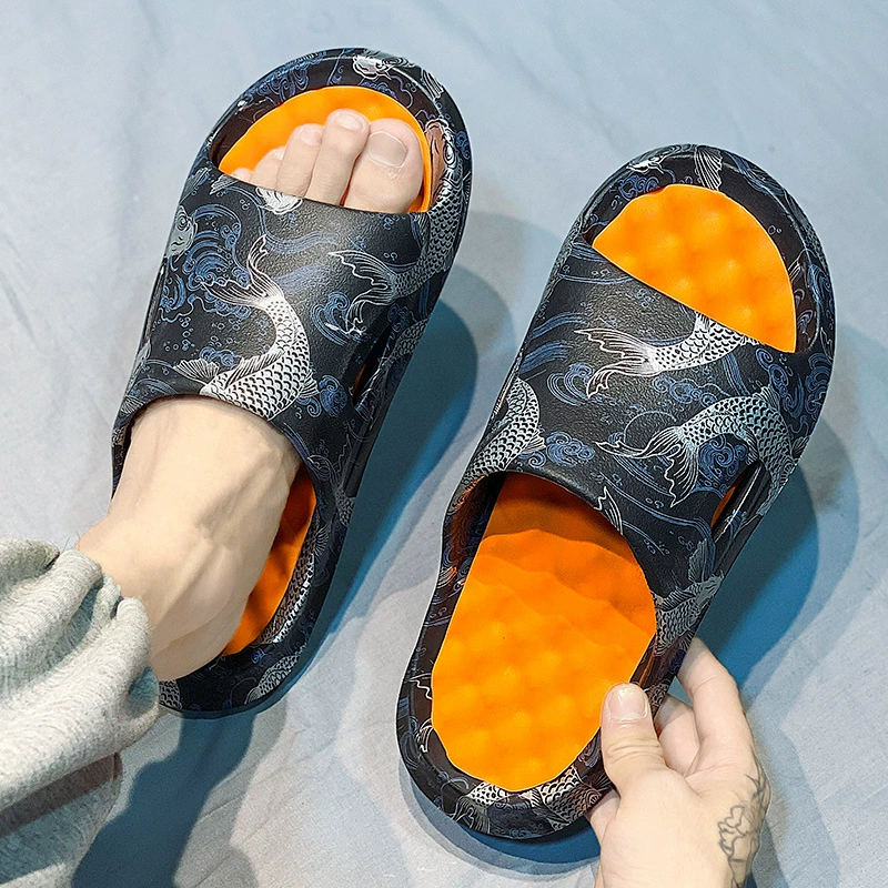 Тапочки Мужская верхняя одежда Нескользящие шаговые национальные модные камуфляжные граффити с одним словом Толстая подошва Отличительные повседневные пляжные сандалии