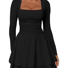 跨境跨境欧美女装外贸辣妹修身方领长袖冬季连衣裙高级感短裙代发