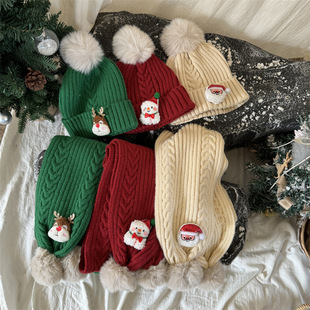 Christmas Children's Wool Hat Scarf suit Winter Red New Year Girls Boys Baby Knitted Warm Scarf