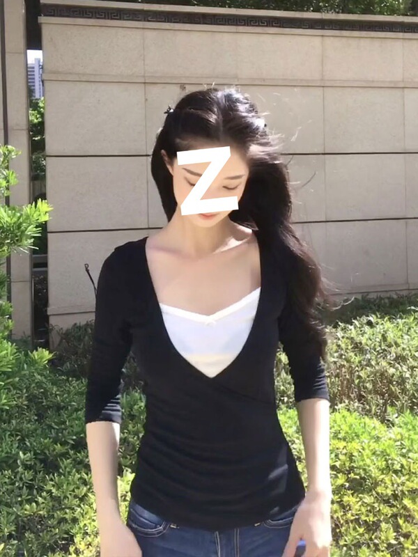 韩系穿搭黑白撞色长袖t恤女秋季修身内搭短款拼接辣妹打底衫上衣|undefined