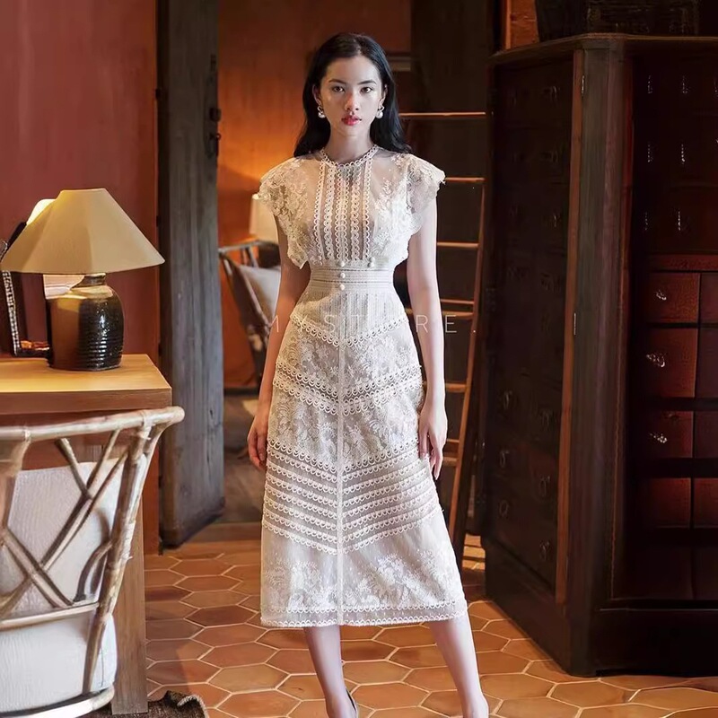 In-Stock Socialite Style Heavy Lace Embroidery Gown for Women, Vietnamese Designer Floral Lace Flutter Sleeve Dress 22305 In-Stock Socialite Style Heavy Lace Embroidery Gown for Women, Vietnamese Designer Floral Lace Flutter Sleeve Dress 22305