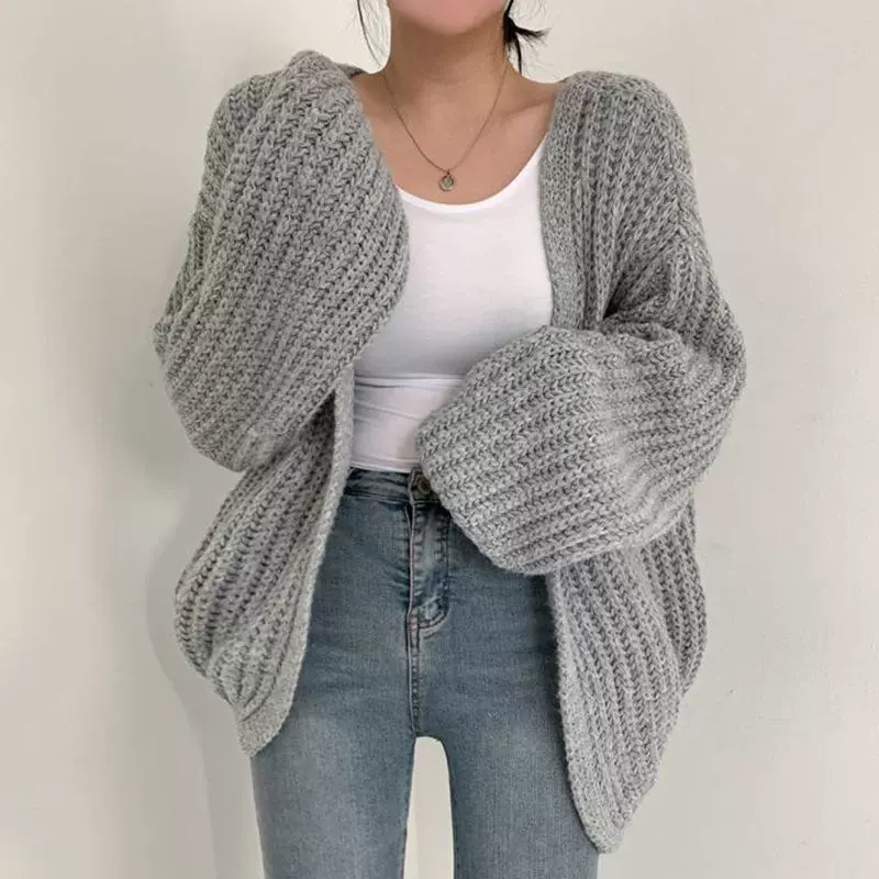 Вязаный кардиган oversize с V-образным вырезом, корейский стиль, женский, высокий воротник, единый размер
