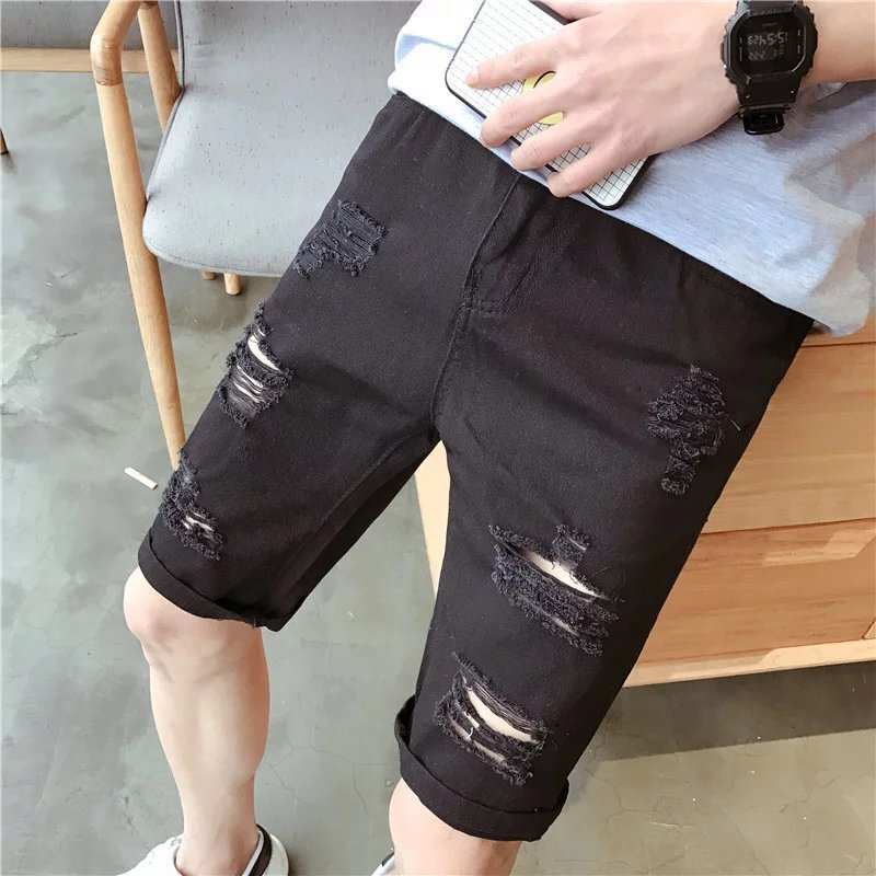 Denim Shorts Men's Ripped Beggar's Five-point Pants Fashionable Korean Style Slim-fit Mid-length Pants Summer Thin Loose Jeans