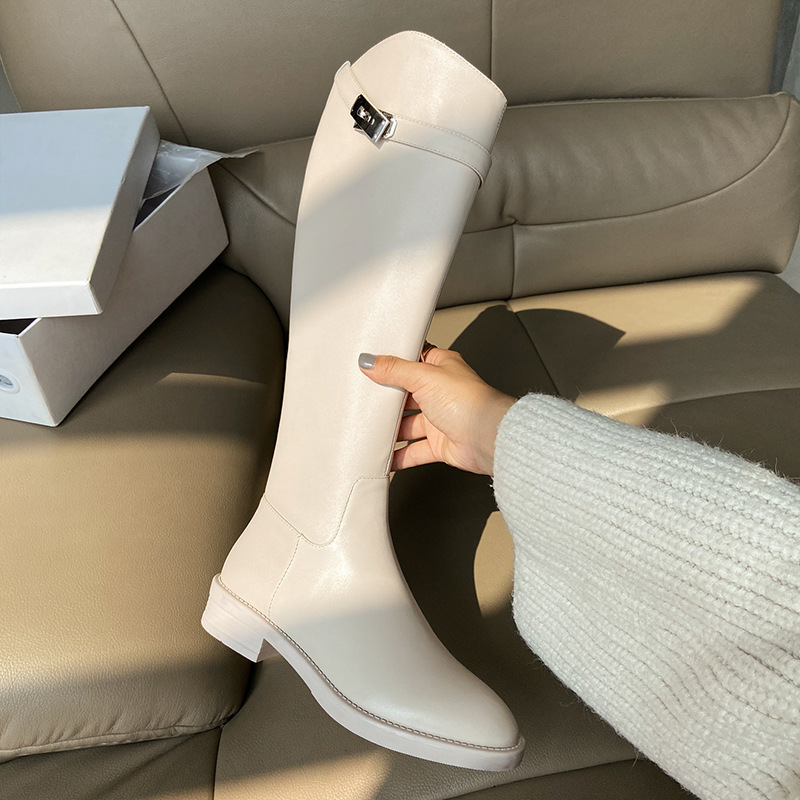 White autumn beige high boots flat