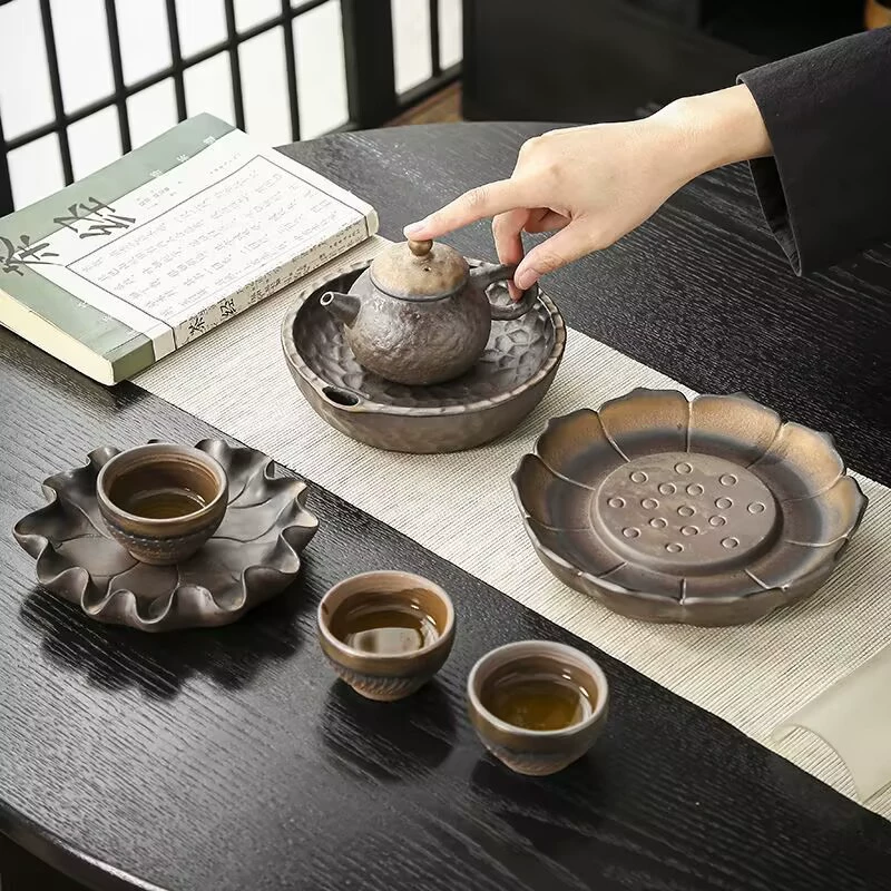 Rough ceramic minimalist creative ceramic teapot warmer drying tray water-storing Chinese vintage teapot doily small tea tray