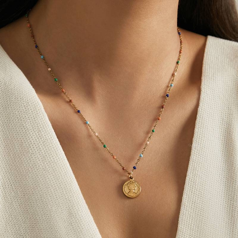 Europe and the United States new stainless steel mixed color bead chain gold pendant simple cross necklace ladies jewelry wholesale cross-border