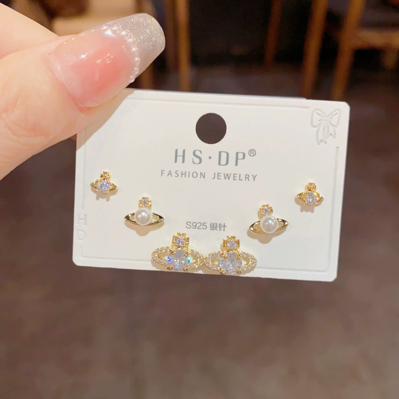 Серебряная игла, короткий цирконий, универсальные серьги, набор, образец серебра 925, микроинкрустация, японская и корейская стили, простой и элегантный дизайн, набор из 3 шт.