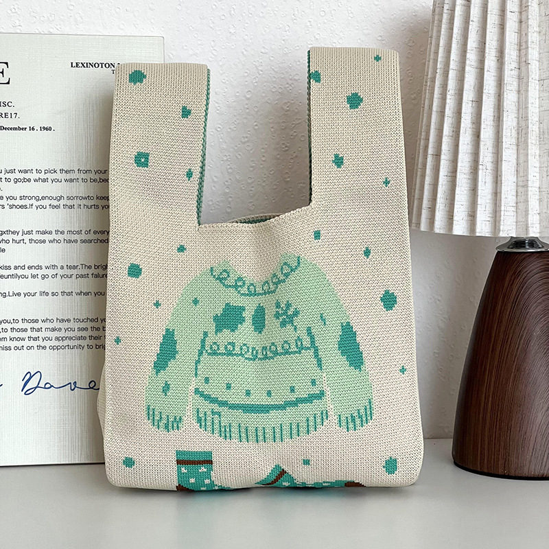 Bolsa de mano de damas nicho diseño de dibujos animados de punto chaleco de punto regalo de mano mochila de hombro al por mayor