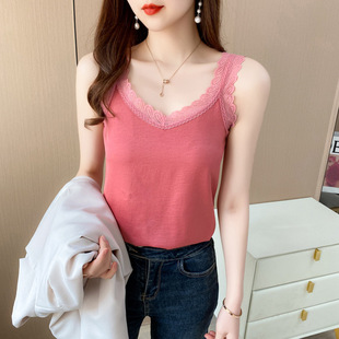 Top with cups, lace silk tank top, solid color bra top, V-neckline, slim fit, Korean style