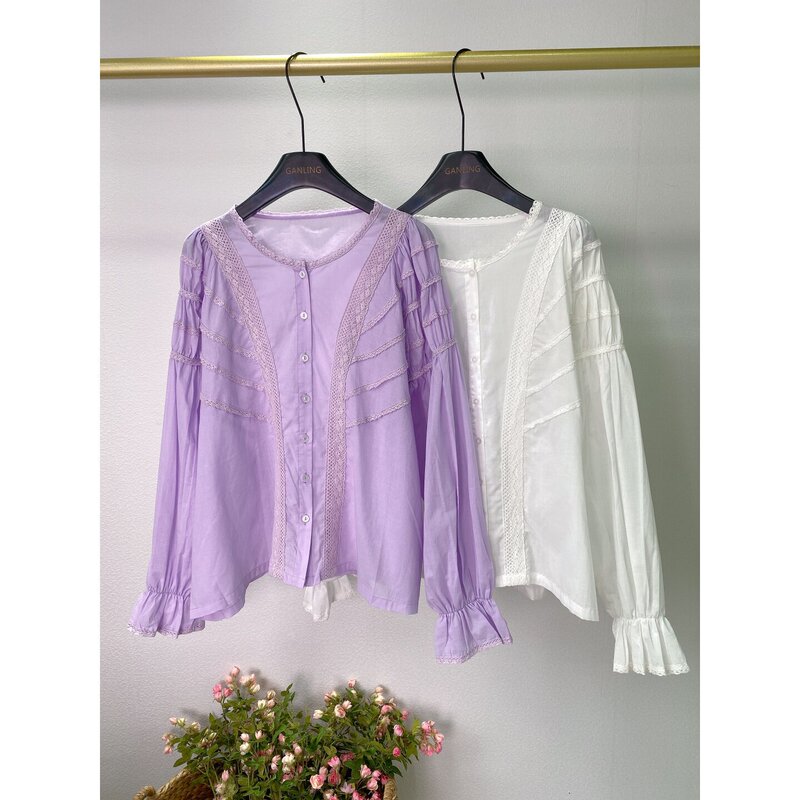 Sweet and ladylike style~2-color lace-trimmed round-neck embroidered shirt for women, French retro long-sleeve round-neck ruched top for summer