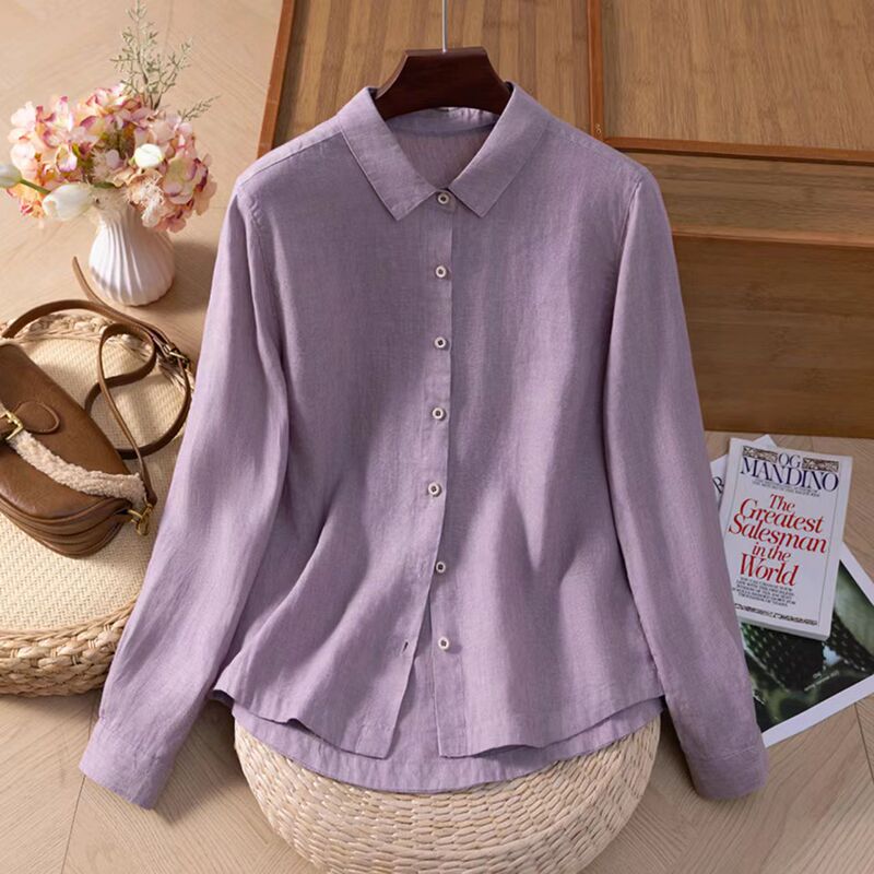 2025 Spring and Autumn New Hemp Japanese Style Loose Artistic Top Solid Color Long Sleeve Shirt