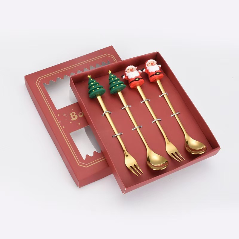 Cucharas de acero inoxidable transfronterizas muñecas de Papá Noel cubiertos cajas de regalo caseras de café mezclador cucharas de postre horquilla de frutas
