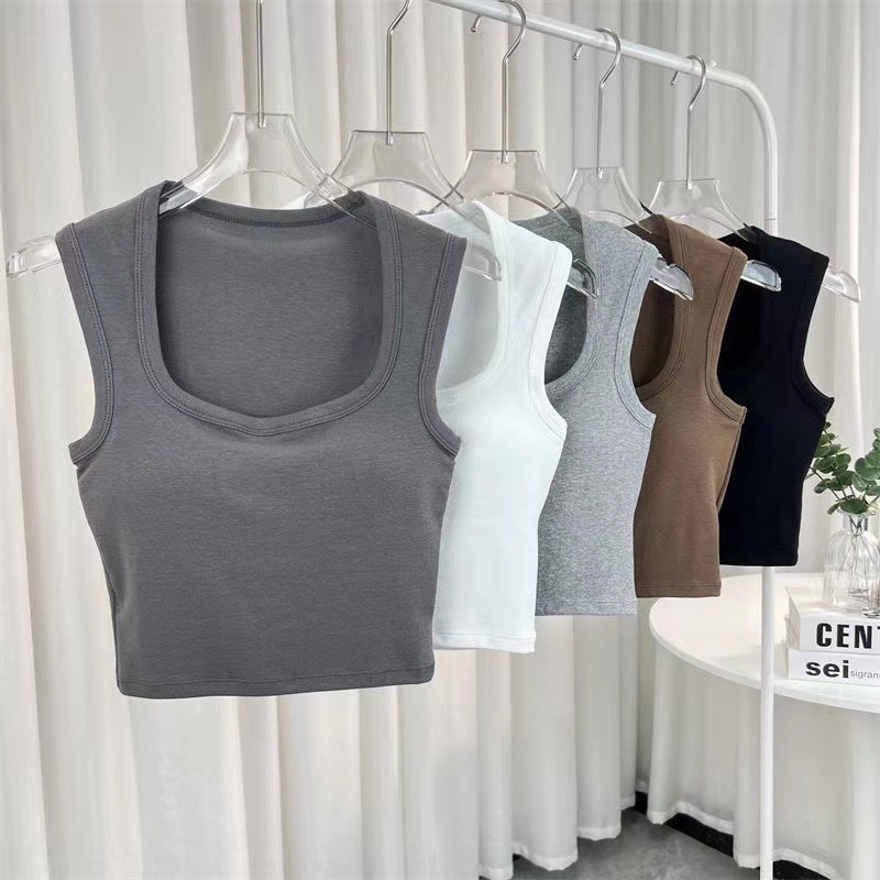 New Style Cyber Celebrity Square Collar Vest Women's Base Short Top with Chest Pad Pure Sexy Sleeveless Slim-fit Vest