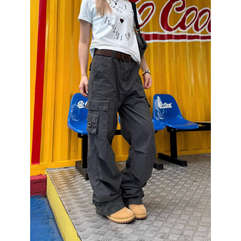 American Style Vintage Washed Multi-Pocket Straight Workwear Casual Pants Women's Street Loose Daily Pleated All-Match Trendy Pants