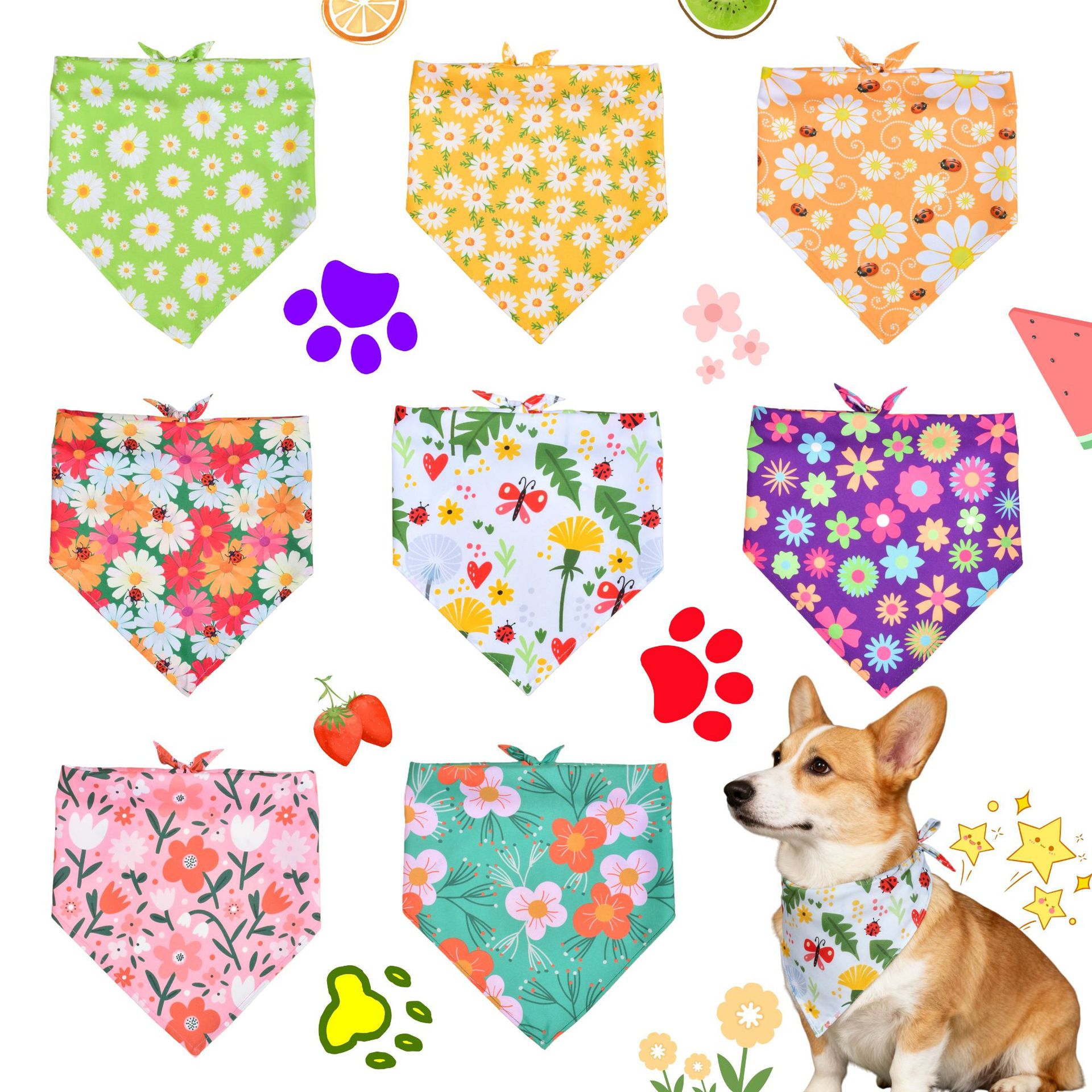 宠物狗狗口水巾围巾猫咪大中小型犬围脖印花花朵图案三角巾批发