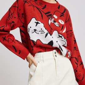 2022春新款女装虎年提花红色针织衫打底宽松套头软糯新年毛衣潮流