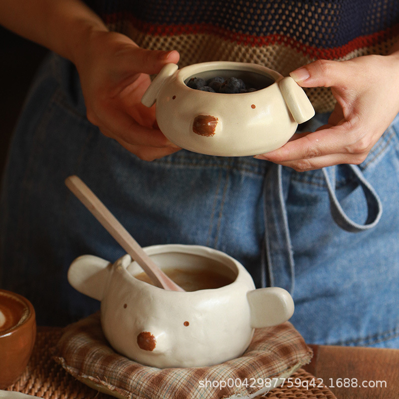 Pupu Bear Canteen Cuenco de arroz pellizcado a mano Cuenco de dibujos animados de color vidriado irregular pellizcado a mano Cuenco de postre Taza