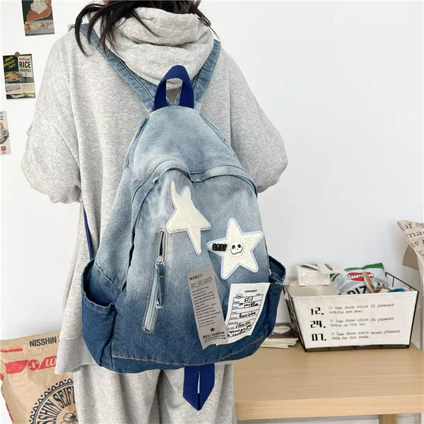 New Original Gradient Denim Star Backpack Junior Senior high school College Students Antique Sense Schoolbag All-match Travel Backpack