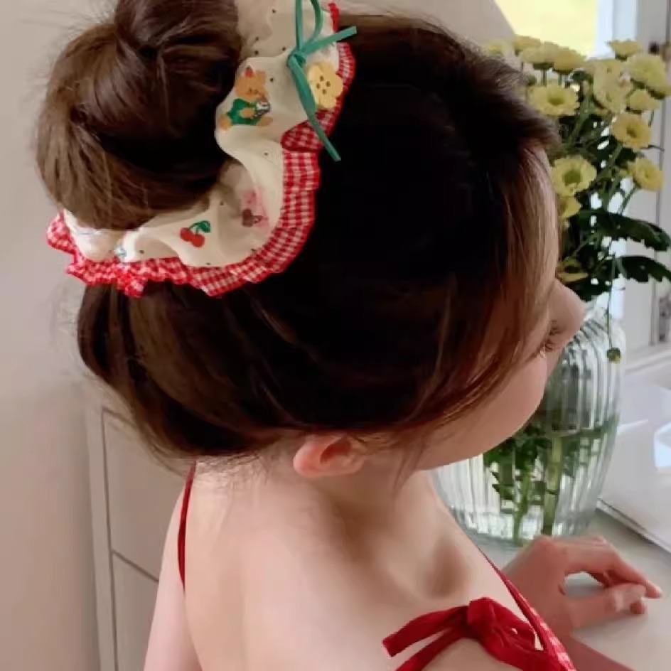 Bonito oso conejo de encaje a cuadrícula anillo de cabello de intestino grande de la niña corazón arco tela cabello correa cuerda de cabeza