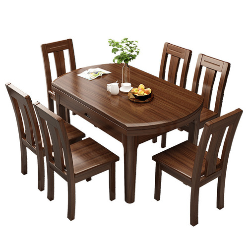 Walnut solid wood dining table and chair combination modern simple Chinese style small apartment table retractable folding round dining table