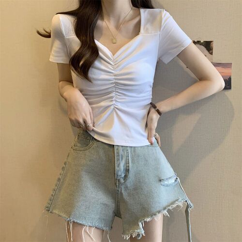 Ladies' sleeveless t-shirt with square neck, short style, tight fit, summer, high-waisted, showing navel, pleated large collar top