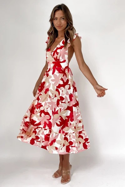 sleeveless floral print v-neck mid-length dress  NSCXY120925