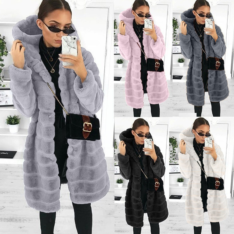 In stock 2020wish Amazon hot sale autumn and winter solid color plush hooded mid-length coat female W137
