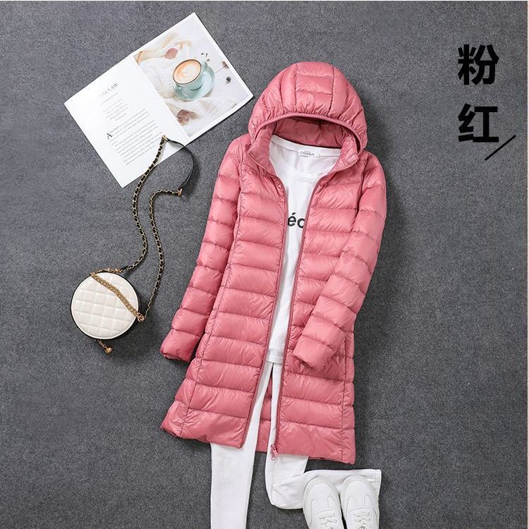 Tik Tok transfronterizo otoño y invierno nuevo chaqueta de plumón ligera de mujeres mediana y larga ropa blanca coreana chaqueta delgada sombrero desmontable